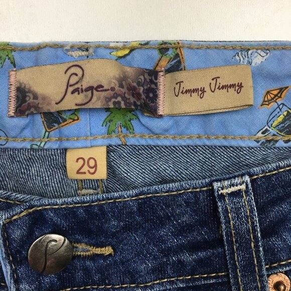 PAIGE Logo Hardware Medium Wash JIMMY JIMMY Raw Edge Hem Cut Offs Denim Shorts - Picture 2 of 11